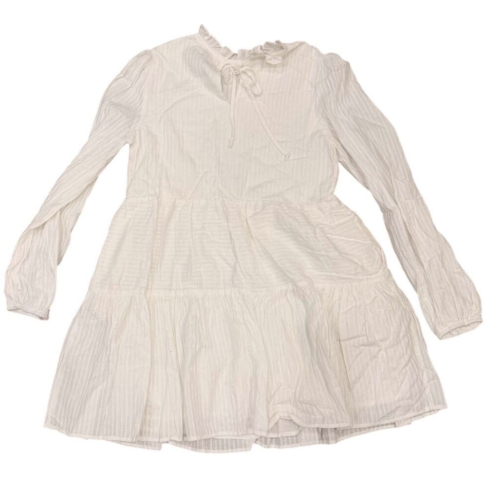 En Saison White Textured Ruffle Neck Long Sleeve Mini Dress Small - Picture 7 of 14